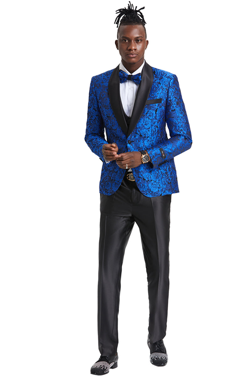 Men’s One Button Slim Fit Shiny Paisley Floral Vested Prom Tuxedo in Royal Blue