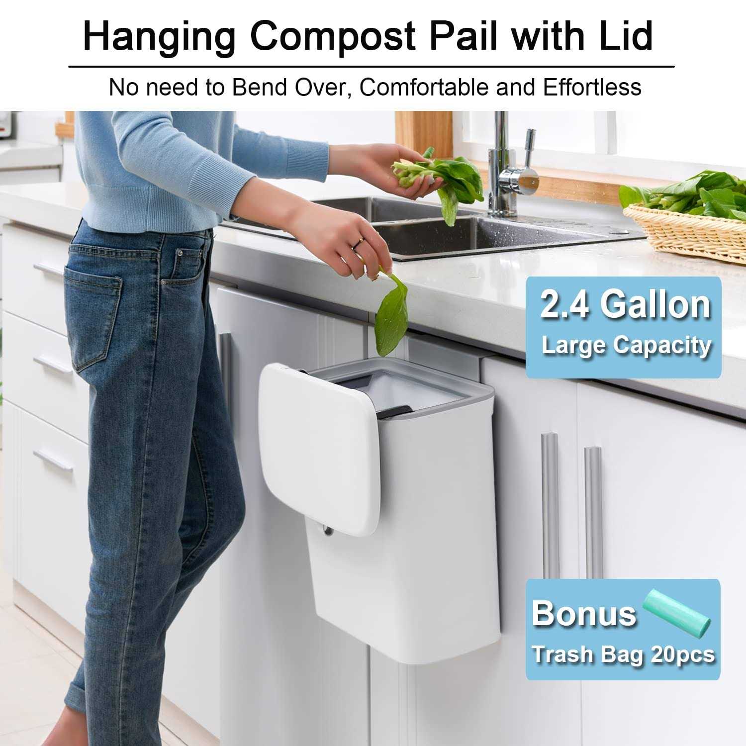 Tiyafuro 2.4 Gallon Kitchen Compost Bin for Counter Top or Under Sink Hanging Small Trash Can with Lid for Cupboard/bathroom/bedroom/office/camping