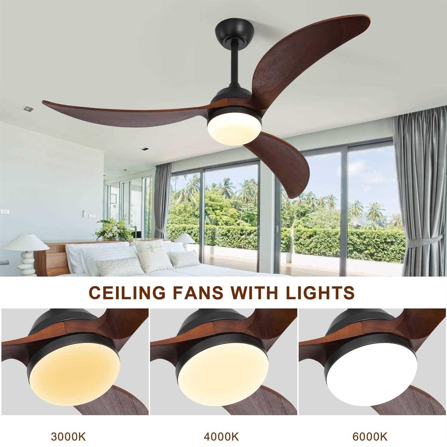 52 and 60 Noiseless Walnut Wood Ceiling Fan with Remote Control,Light Integrated Optional