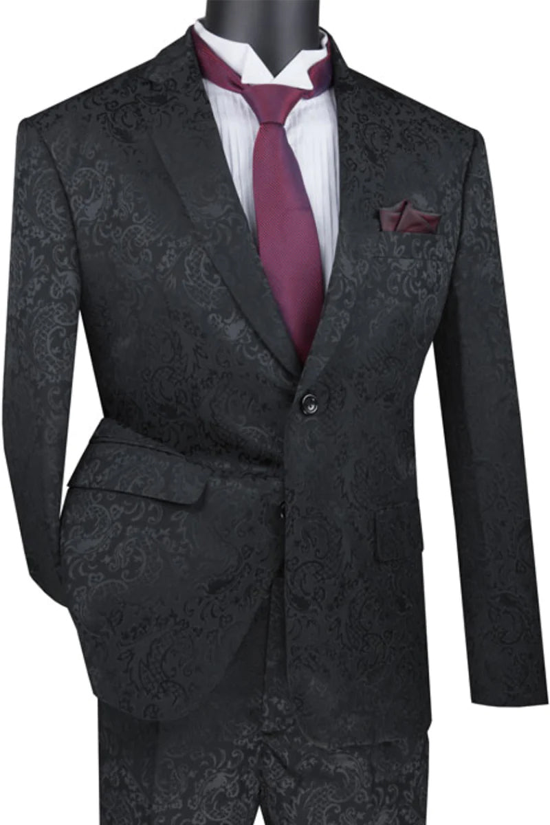 Men’s Slim Fit Shiny Paisley Prom & Wedding Suit in Black