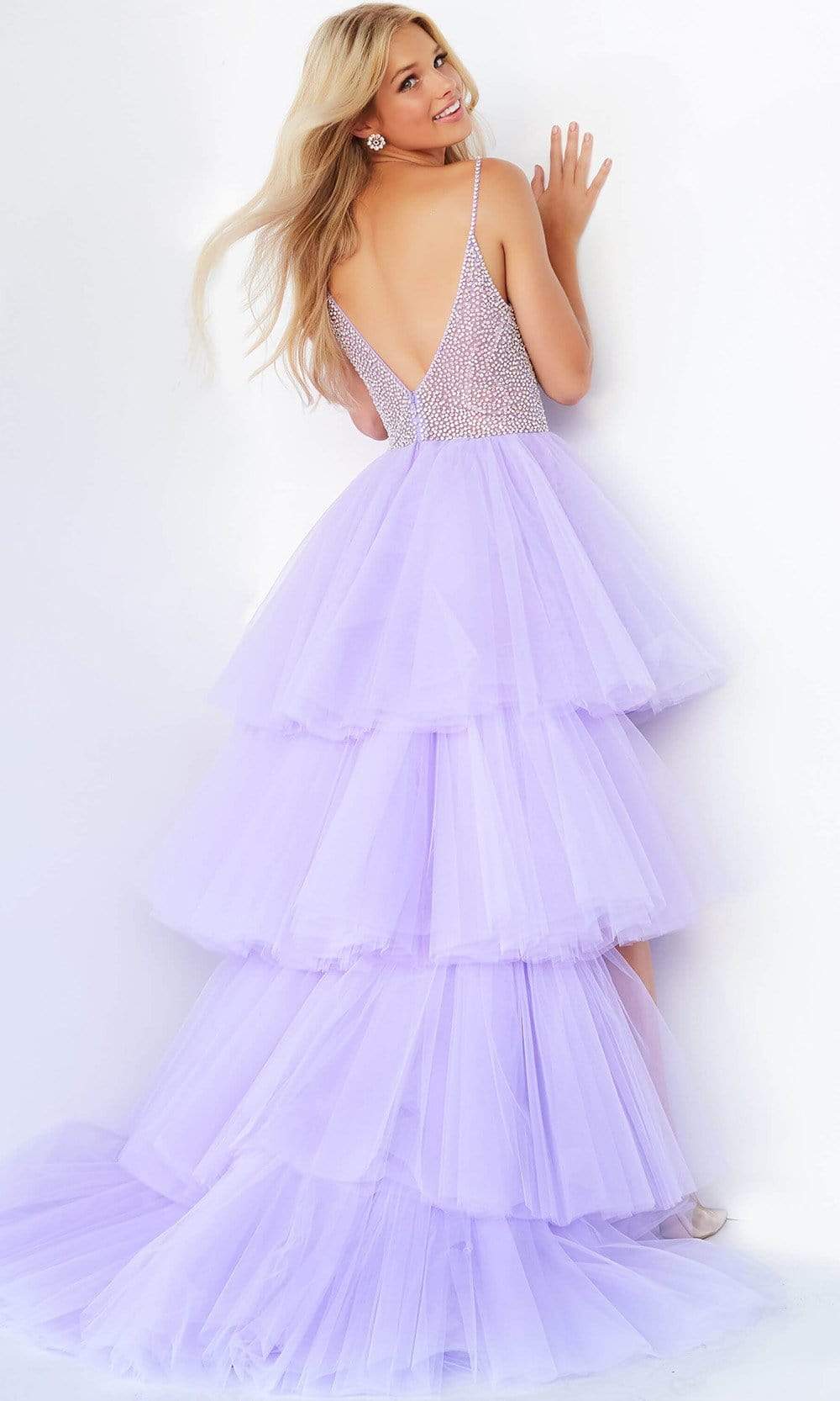 07231 Beaded High Low Tulle Gown
