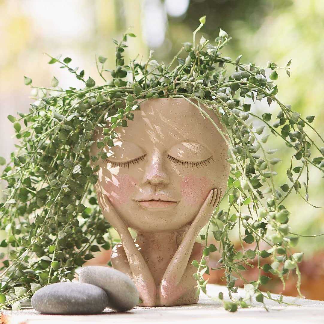 Aimebby Face Flower Pot Head Planter Pot Succulent Planter Cute Resin Cactus Planter with Drainage Hole Closed