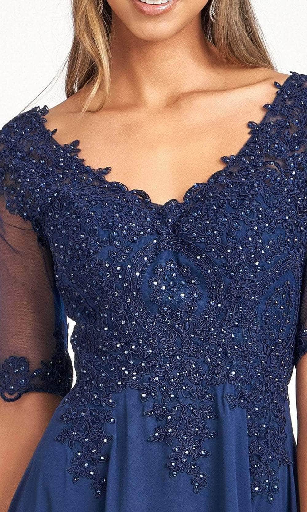 Sheer Quarter Sleeve Lace Applique Evening Dress