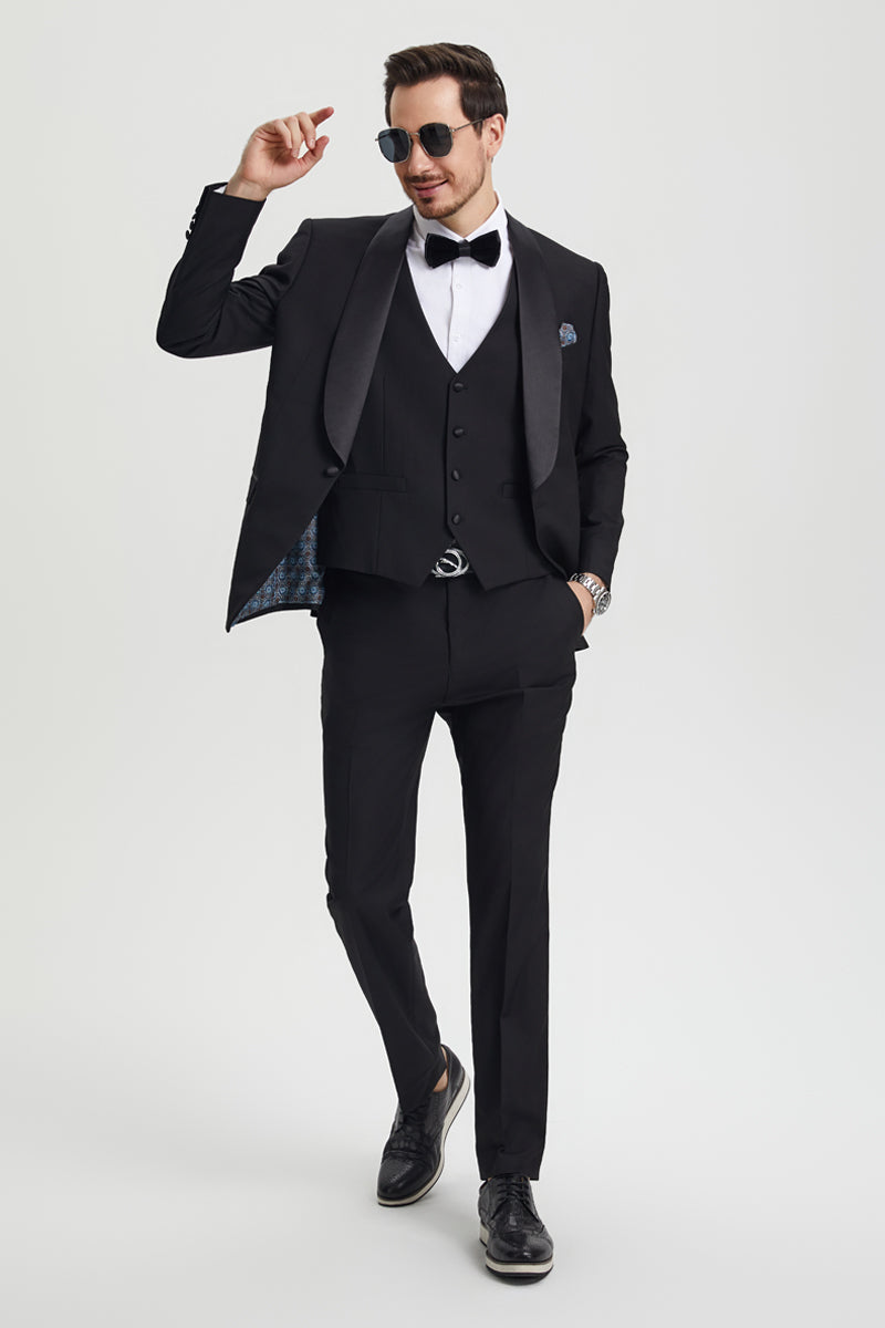 Men’s Stacy Adams Vested One Button Shawl Lapel Designer Tuxedo in Black