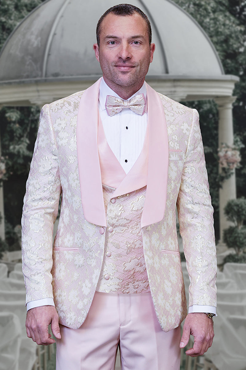 Men’s Designer Vested Wedding & Prom Tuxedo in Blush Pink & Gold Floral Paisley