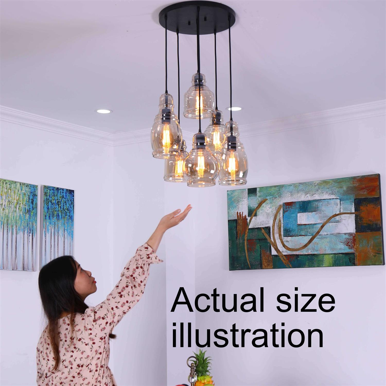 The Lighting Store Mariana Cognac Glass Antique Black and Round Base 6-light Pendant