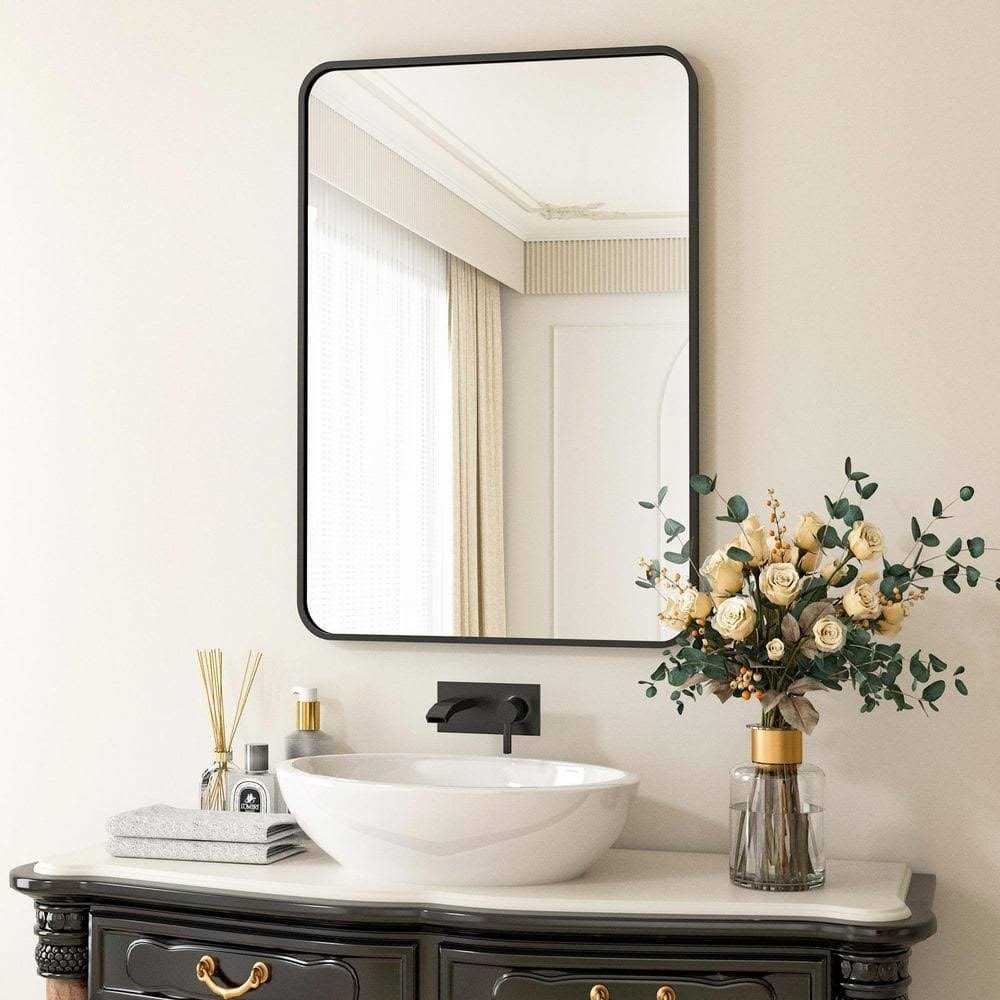 XRAMFY Rectangular Aluminum Alloy Framed Rounded Black Wall Mirror
