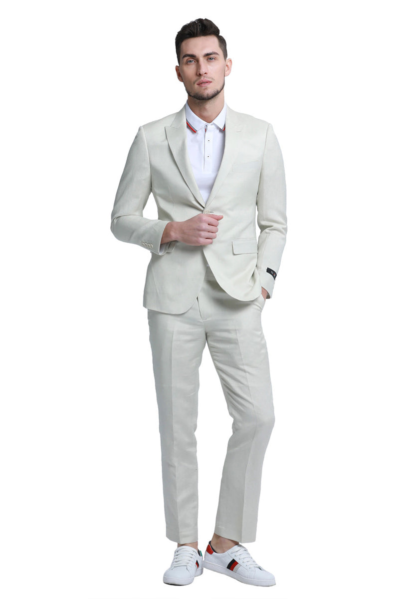 Men’s Two Button Peak Lapel Summer Linen Style Beach Wedding Suit in Ivory Off White