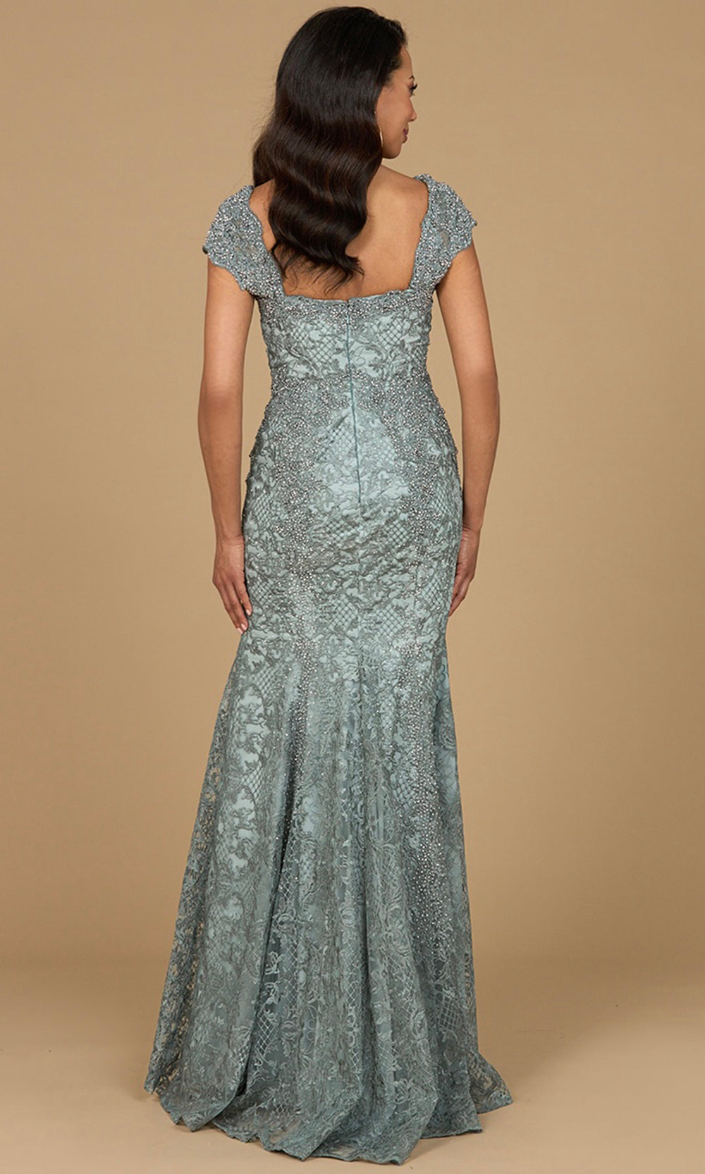 Cap Sleeve Beaded Lace Formal Dress