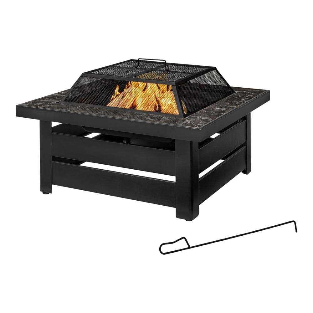 Hampton Bay Stoneham 34 in. x 15.5 in. Square Steel Wood Fire Pit with Tile Top