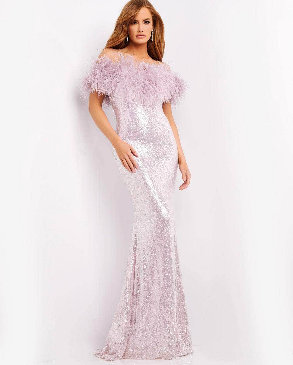 06166 Feather Off-Shoulder Neckline Full Sequin Gown