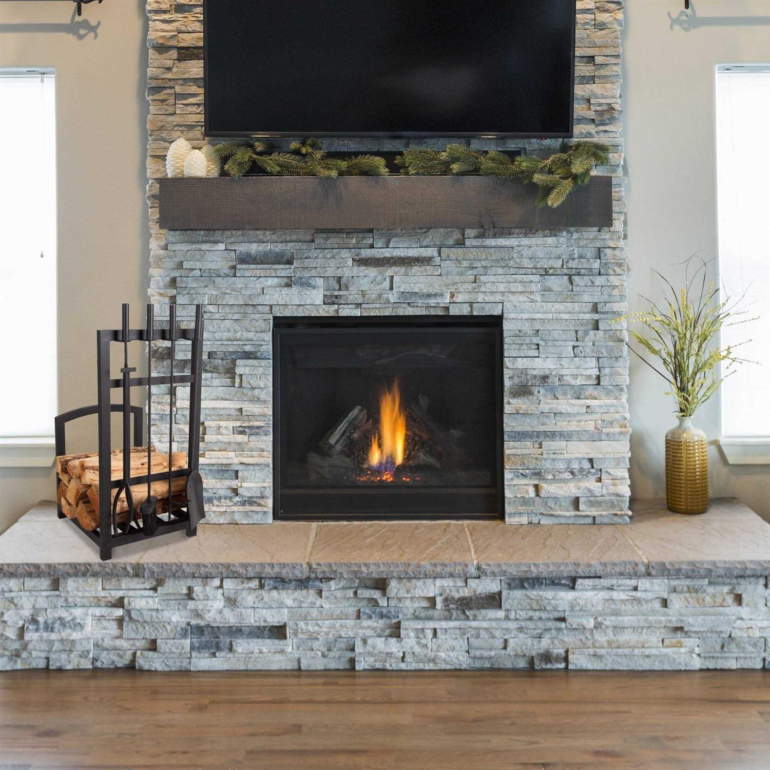 5-Piece Fireplace Tool Set and Log Rack Mission-style Firewood Holder with Shovel, Broom, Tongs, and Poker for Hearth by Lavish Home