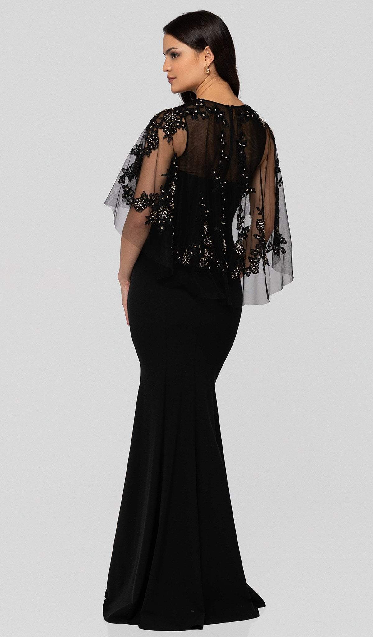 1912M9350 Floral Applique Plunging Neck Trumpet Dress