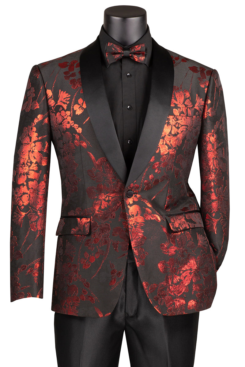 Men’s Shiny Foil Floral Paisley Prom & Wedding Tuxedo Jacket in Red