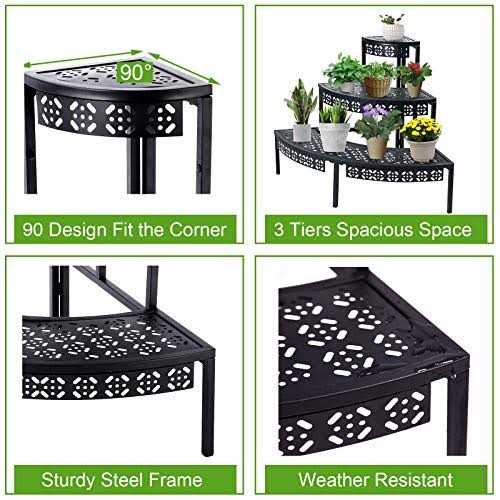 aboxoo 3 Tier Plant Stand Flower Pot Rack Metal Stair-step Style Corner Shelf Planters