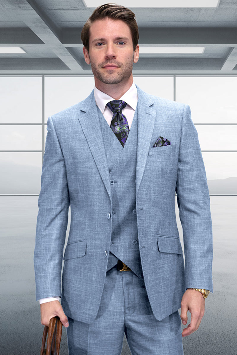 Men’s Designer Summer Sharkskin Wool Suit with Double Breated Vest in Light Blue