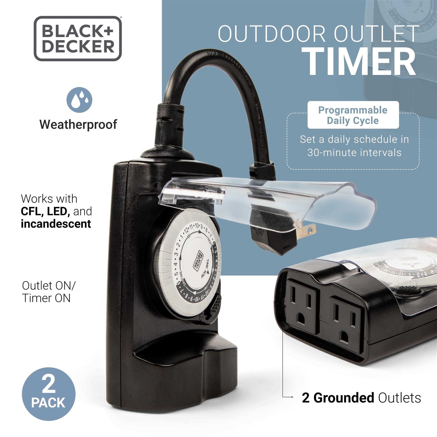 BLACK+DECKER Outdoor 2 Grounded Outlets Timer with Waterproof Outlet Timer for Lights BDXPA0030
