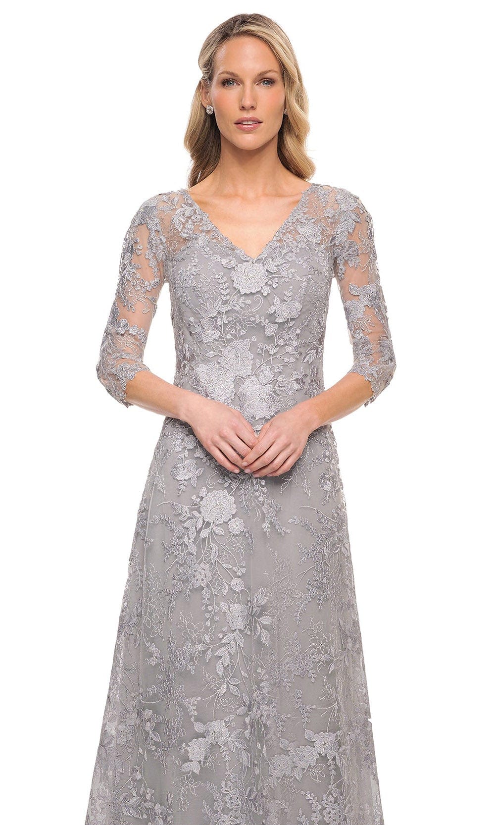 Embroidered Sheer Lace Mother of the Groom V-Neck Gown
