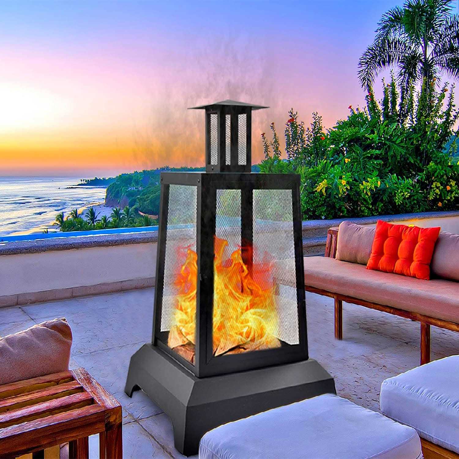 NSdirect Large Fire Pit Steel Wood Burning Outdoor Fireplace Tower 44 High Big Patio Firepits with Mesh Screen Cover