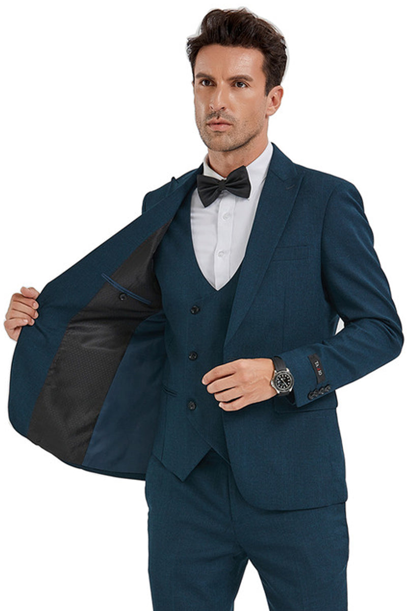 Men’s Slim Fit One Button Peak Lapel Suit with Double Breasted Vest in Dark Teal Sharkskin