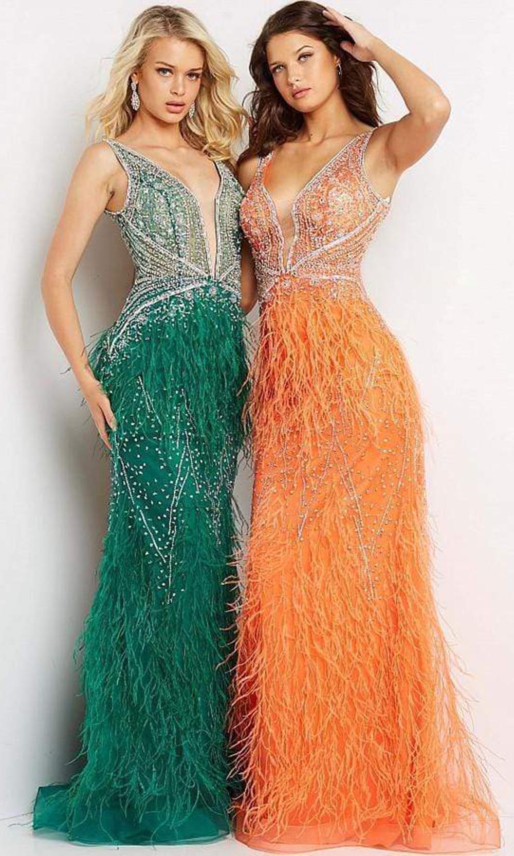 03023 Sheer Bodice Beaded Adorned Feather Fitted Evening Gown