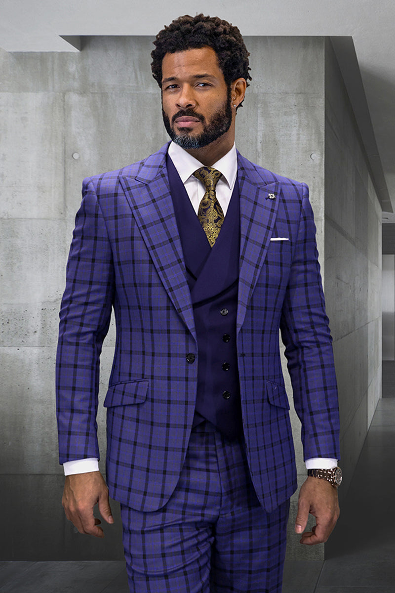 Men’s Single Button Designer Wool Suit With Double Breasted Vest in Sapphire Blue Windowpane Plaid