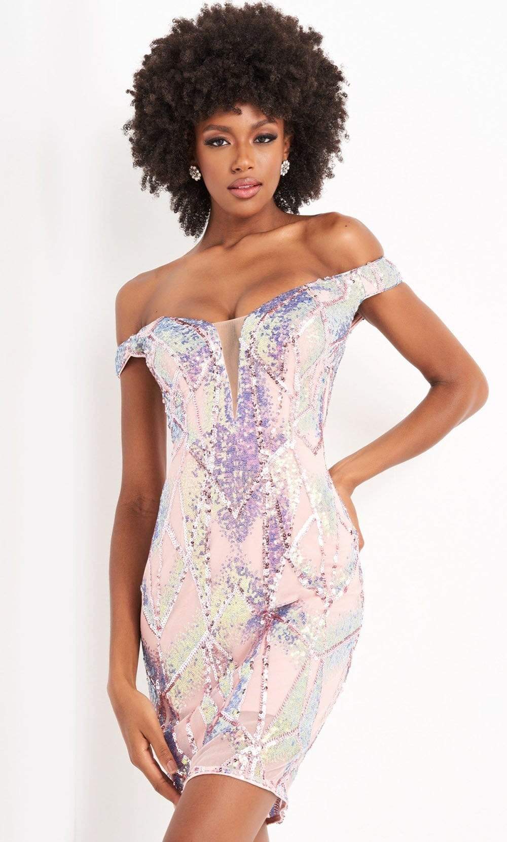 05101 Illusion Plunging Neck Off Shoulder Embellished Dress