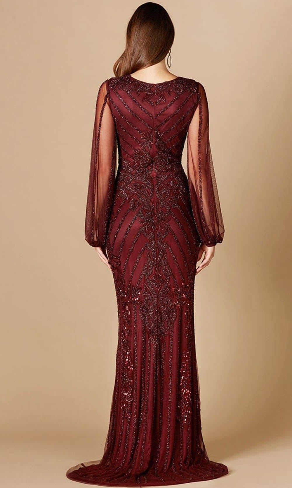 Bishop Sheer Sleeves Beaded Long Dress