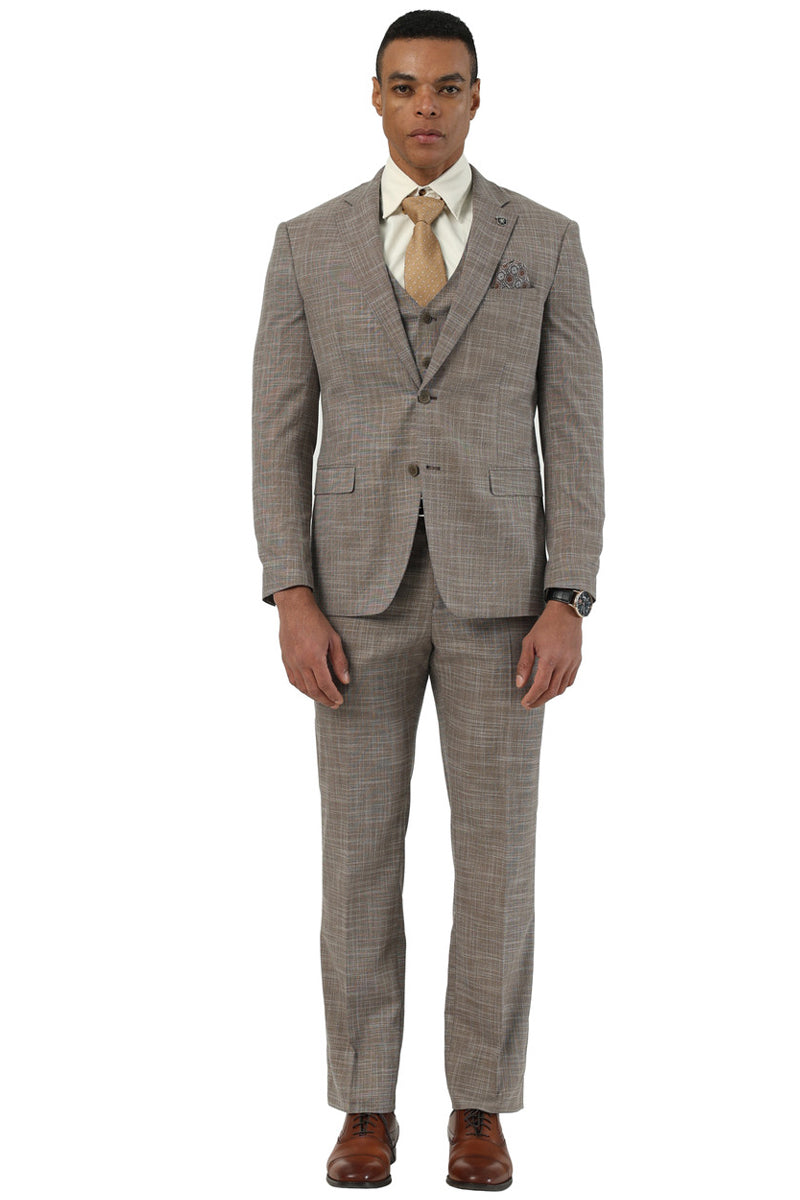 Men’s Designer Stacy Adams Vested Suit in Light Brown Sharkskin Weave
