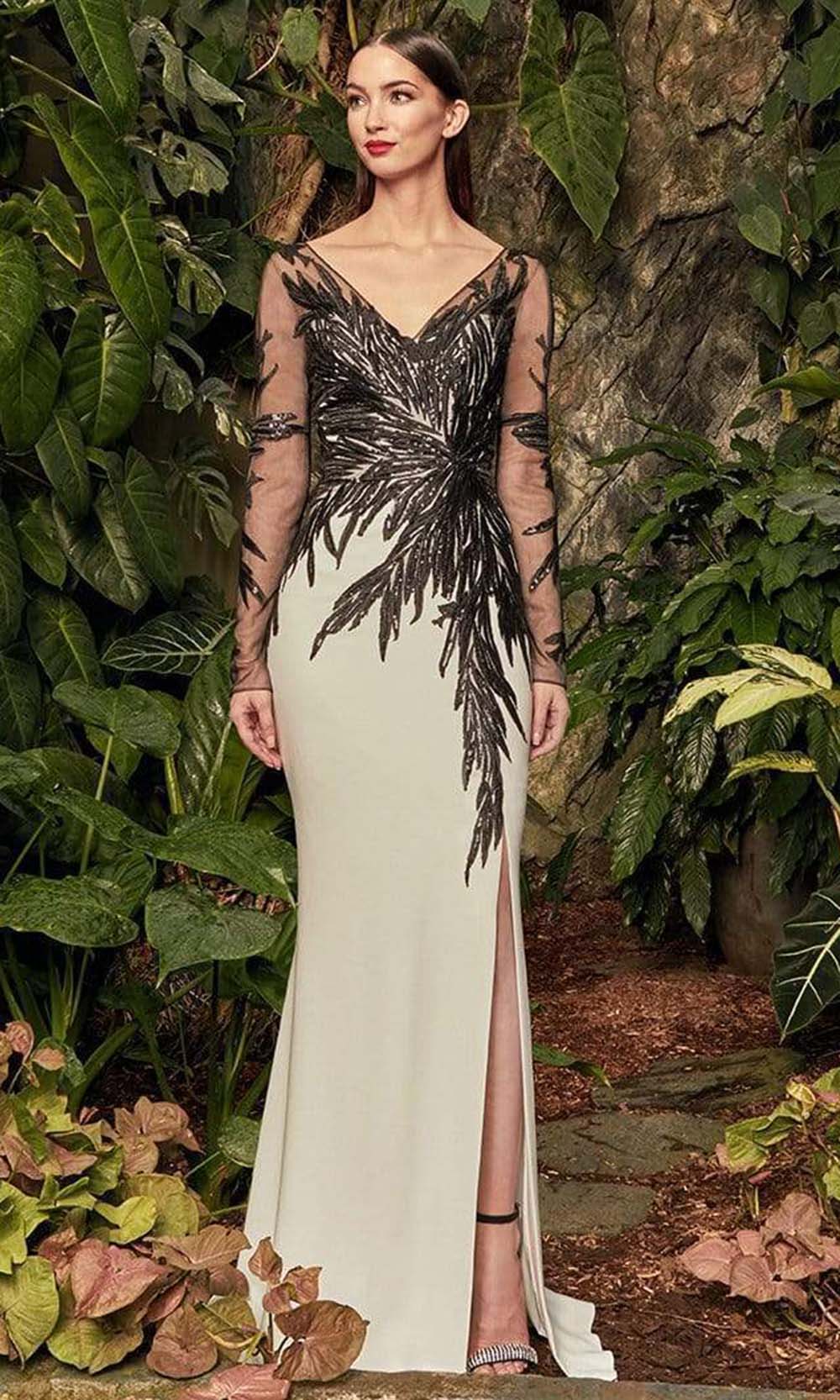 960 Illusion Sleeves Sequin Lace Applique Sheath Gown