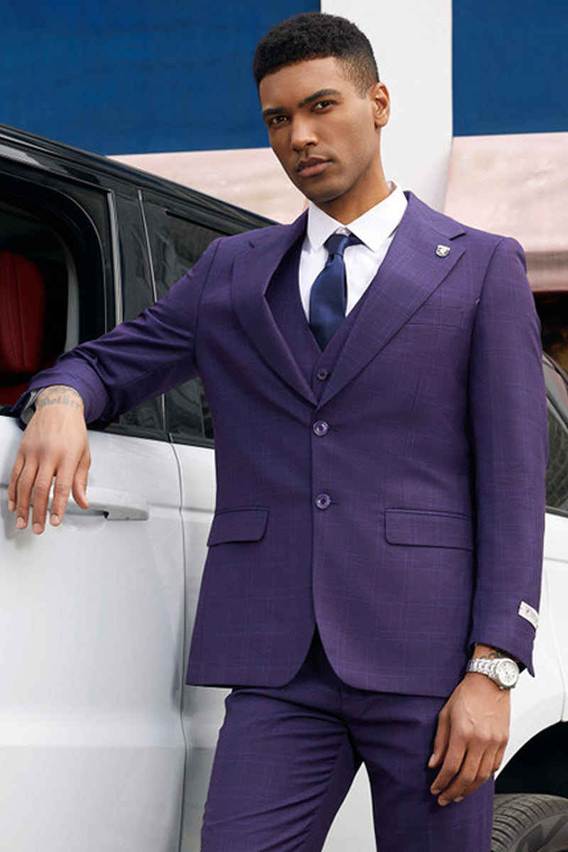 Men’s Stacy Adam’s Two Button Vested Business Suit in Dark Purple Plaid