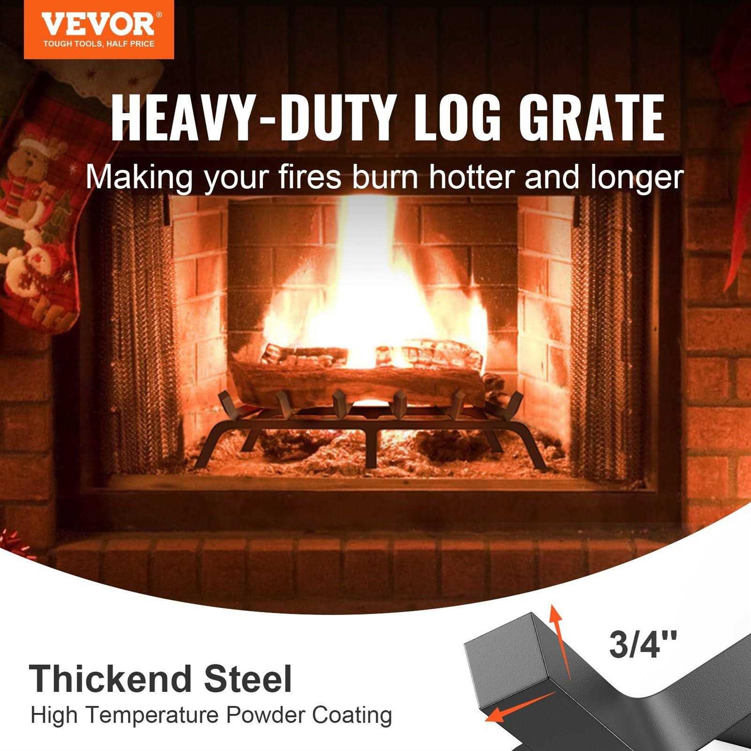 VEVOR Fireplace Log Grate Heavy-Duty Fireplace Grate Solid Powder-coated Steel Bars Log Firewood Burning Rack Holder