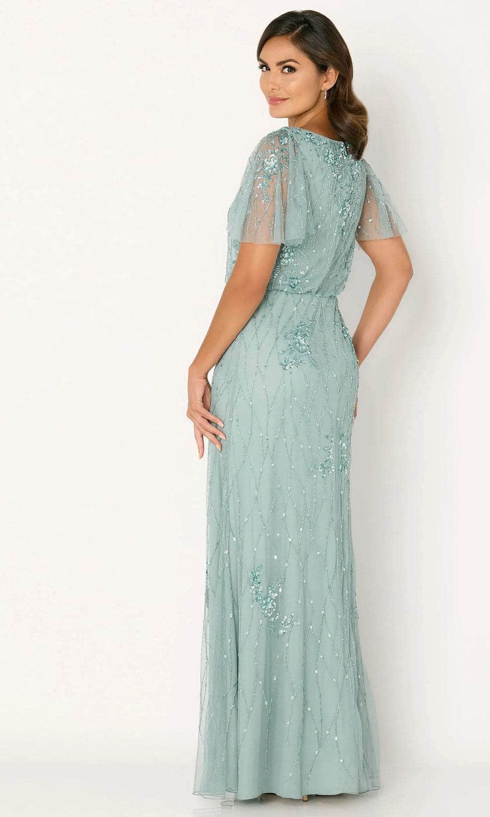 Flutter Sleeve Embroidered Evening Dress