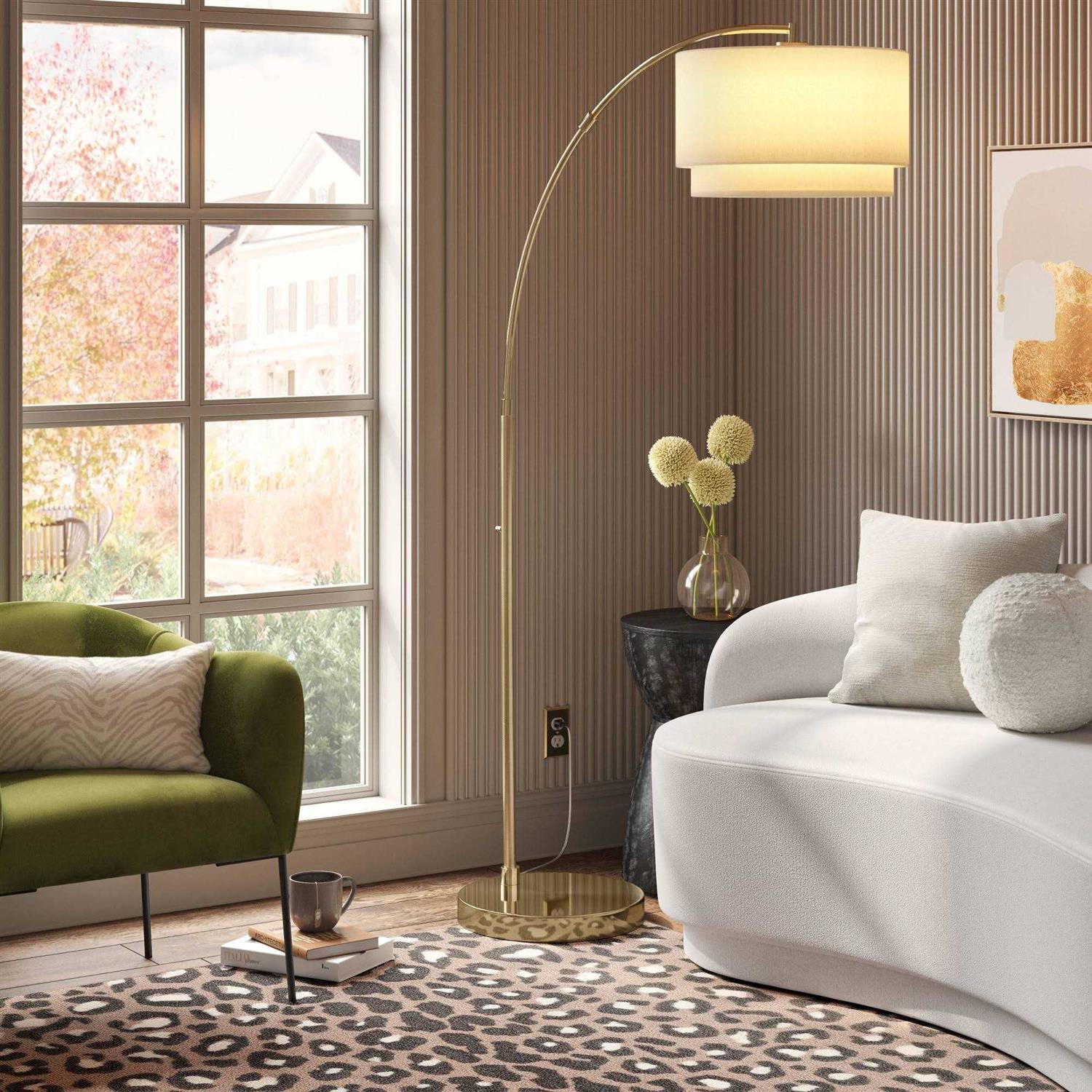 Threshold Knurled Metal Arc Floor Lamp with Tiered Shade Brass