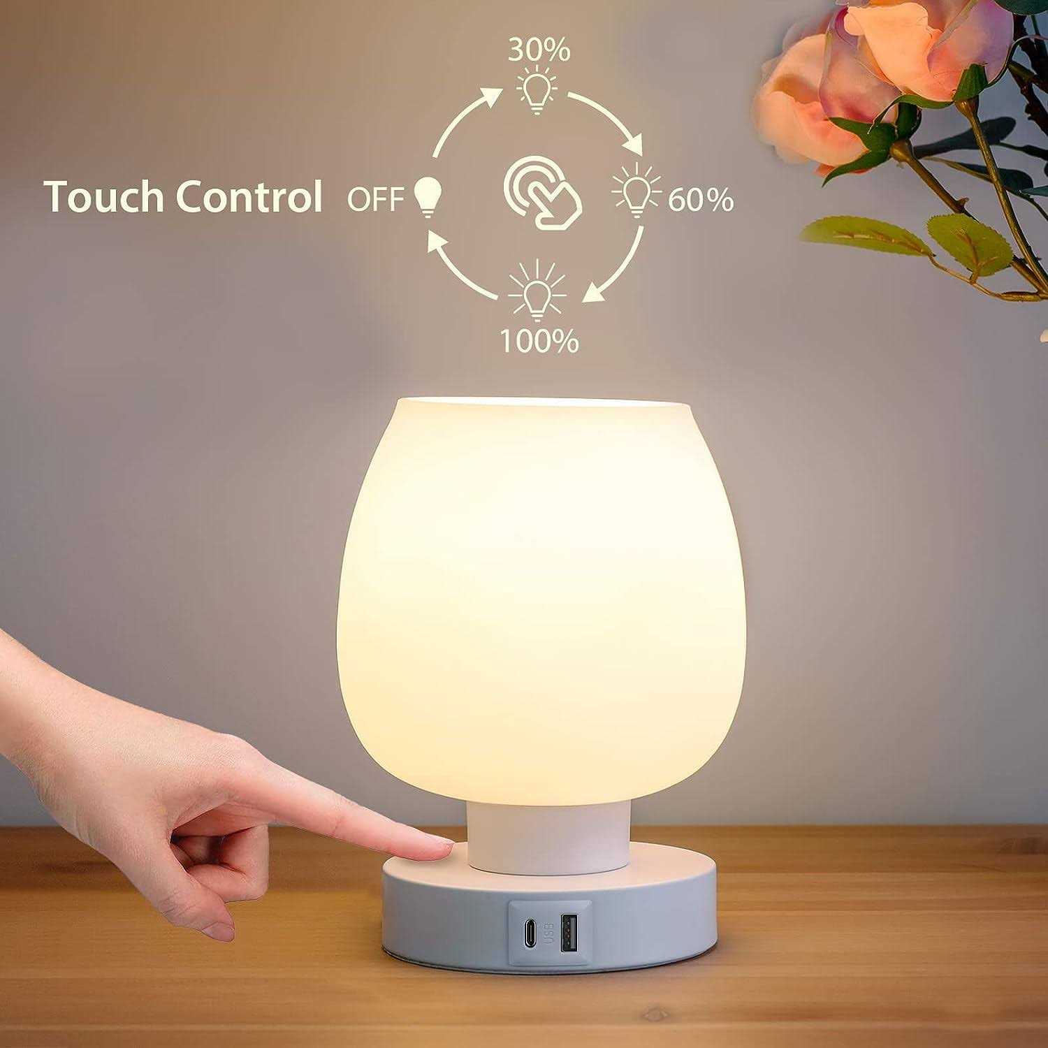 Bedside Table Lamp Touch Control Table Lamp with Glass Shade