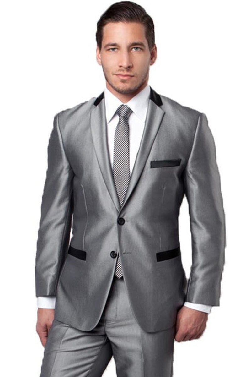 Men’s Two Button Slim Fit Shiny Sharkskin Suit in Silver Grey with Contrast Collar and Trim