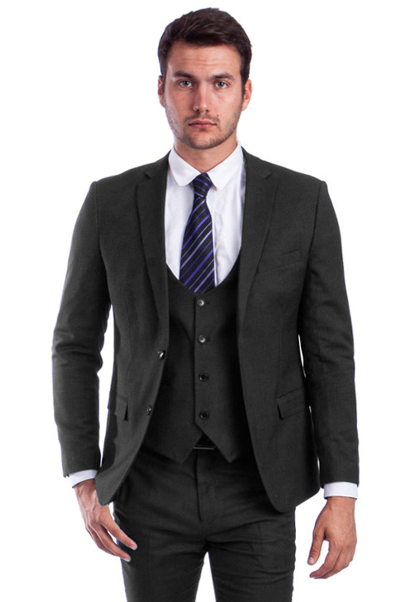 Men’s Two Button Skinny Fit Vested Suit in Black