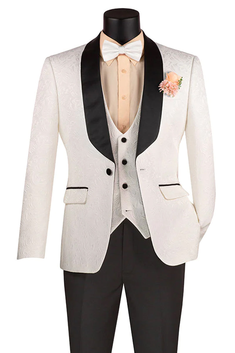 Men’s Slim Fit Vested Paisley Wedding Tuxedo in White