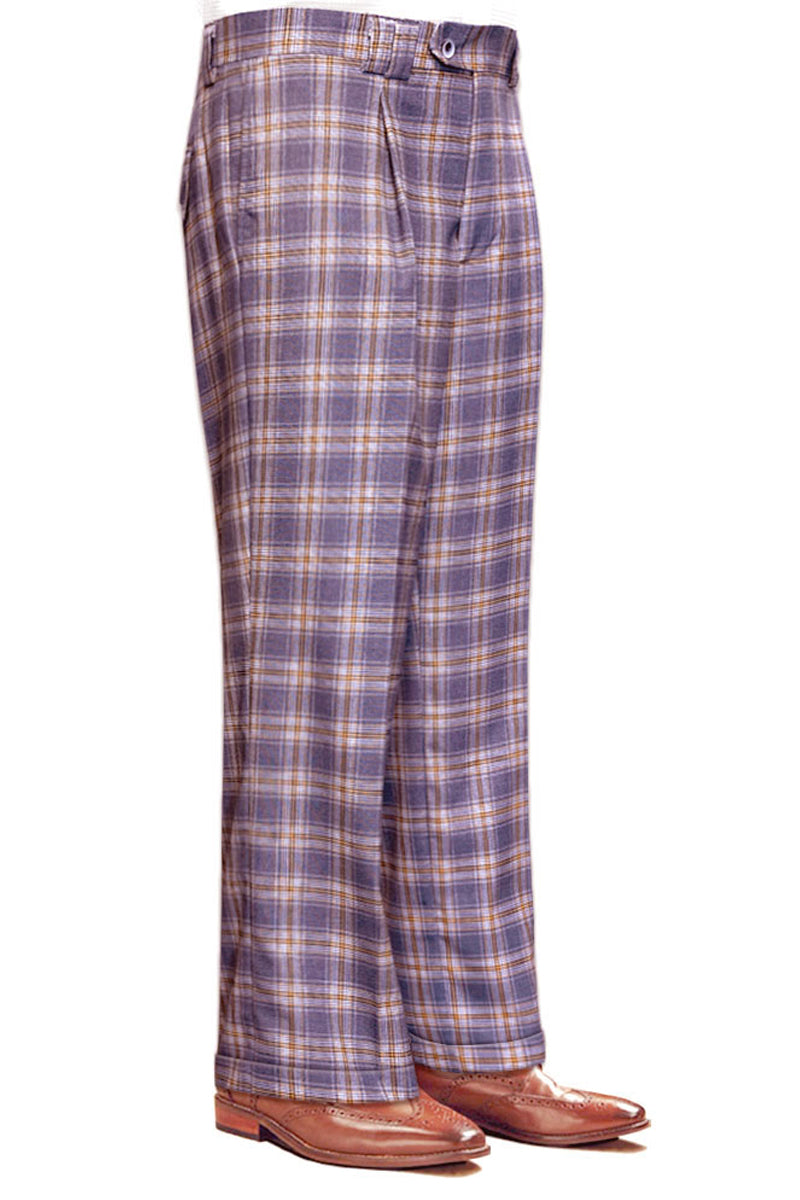 Men’s Designer Wool Pleated Wide Leg Dress Pants in Lavender Plaid