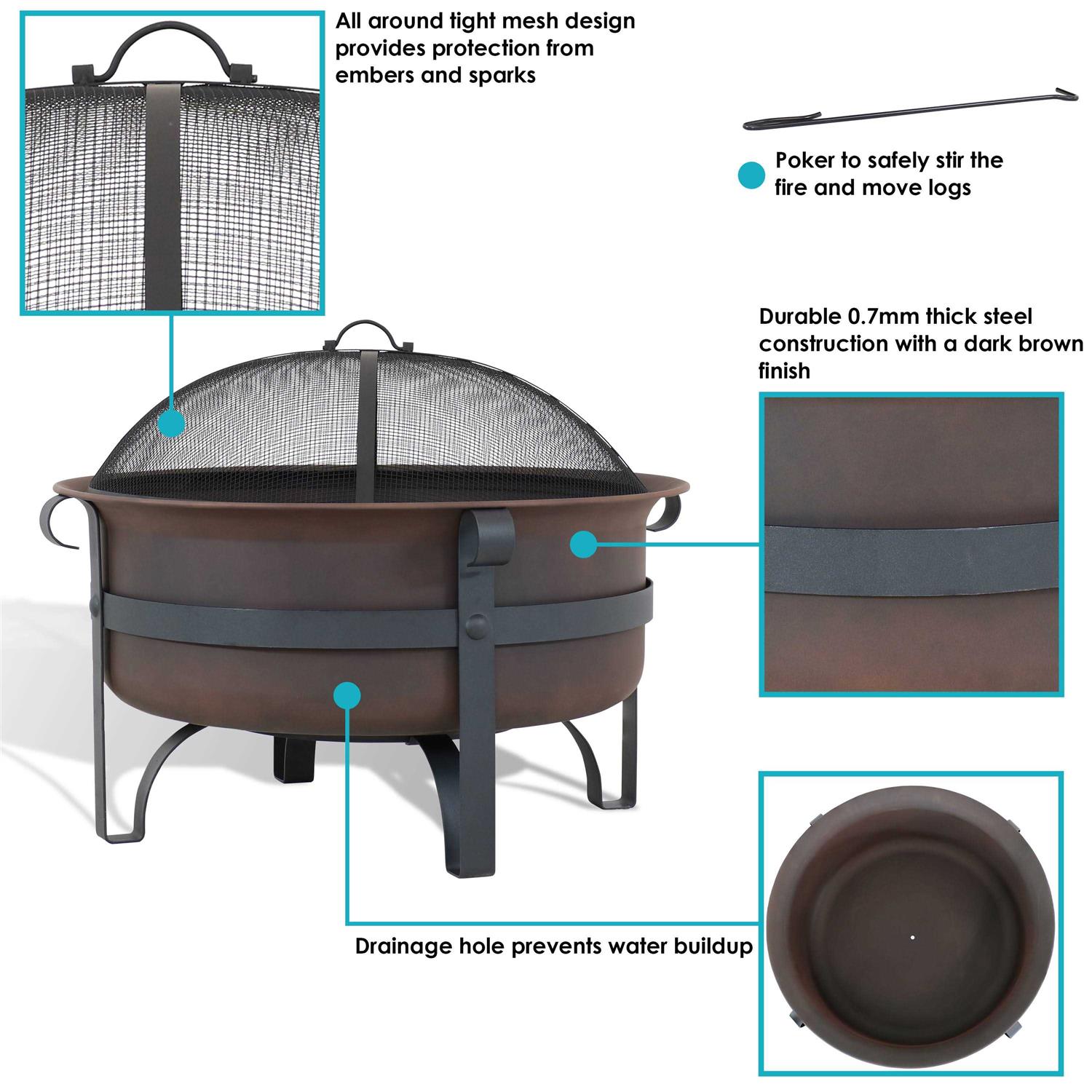 Sunnydaze Decor 29 in. Round Steel Wood Burning Fire Pit with Cauldron Style and Spark Screen Set in Bronze