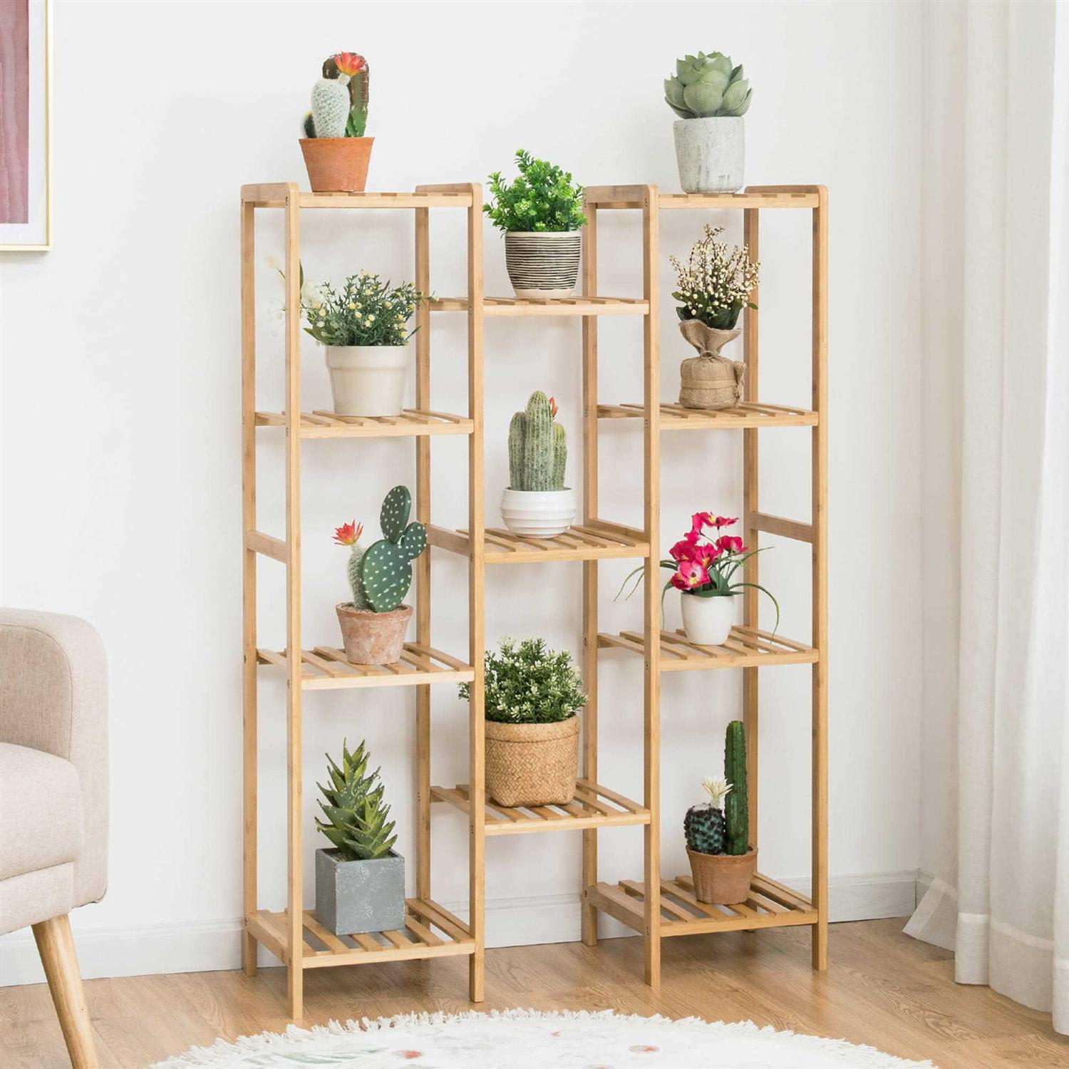 Costway Bamboo Plant Stand Utility Shelf Free Standing Storage Rack Pot Holder