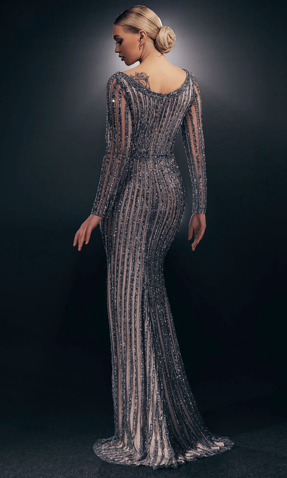 Stripe Beaded Evening Gown