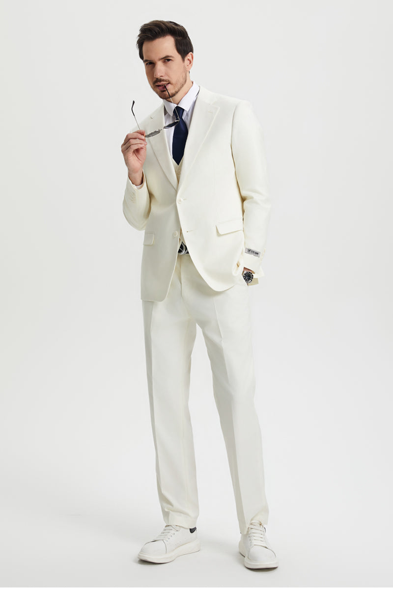 Men’s Two Button Vested Stacy Adams Basic Designer Suit in Ivory Off White