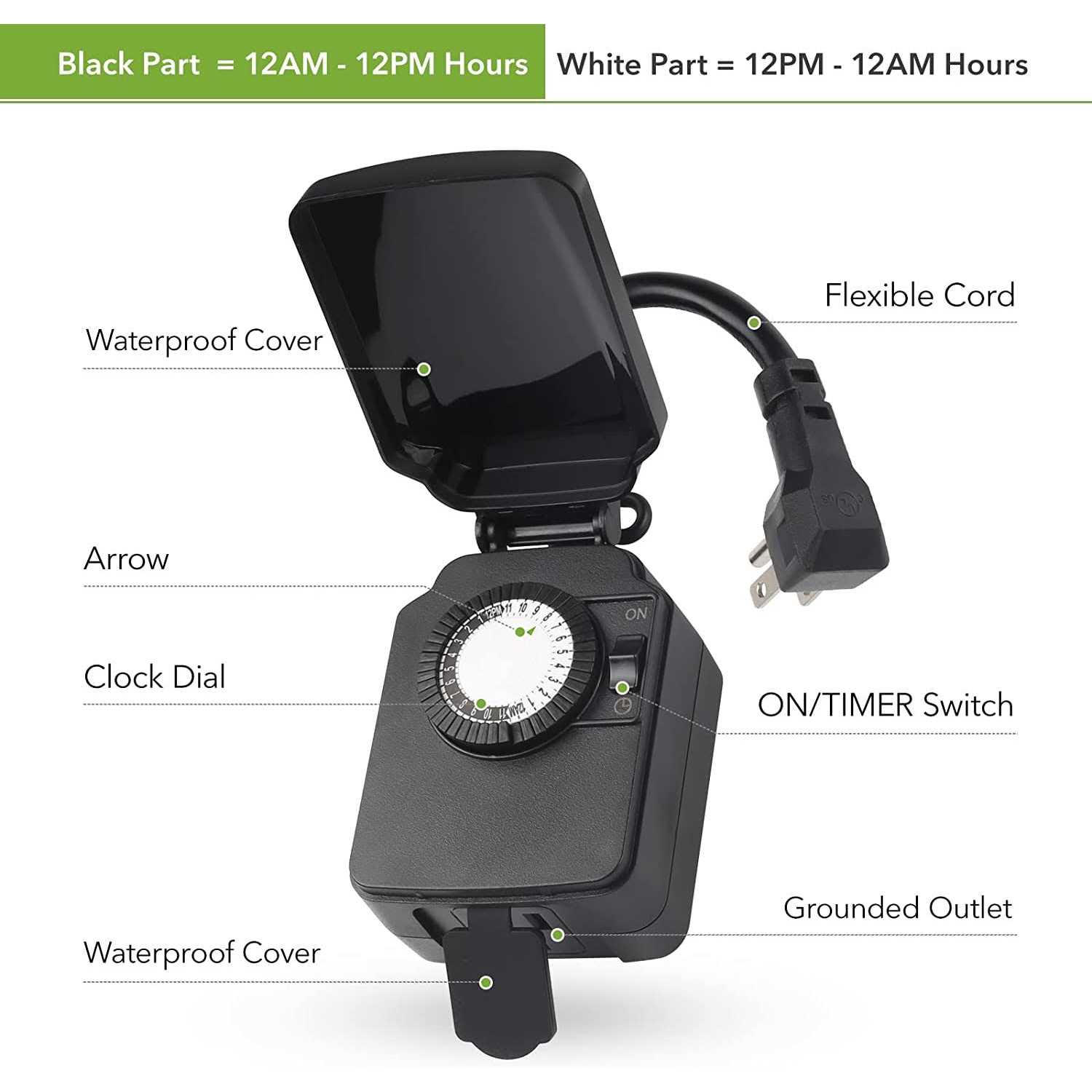 BN-LINK 24 Hour Mechanical Outdoor Light Timer with Silicone and Protective Covers, Waterproof and Dustproof