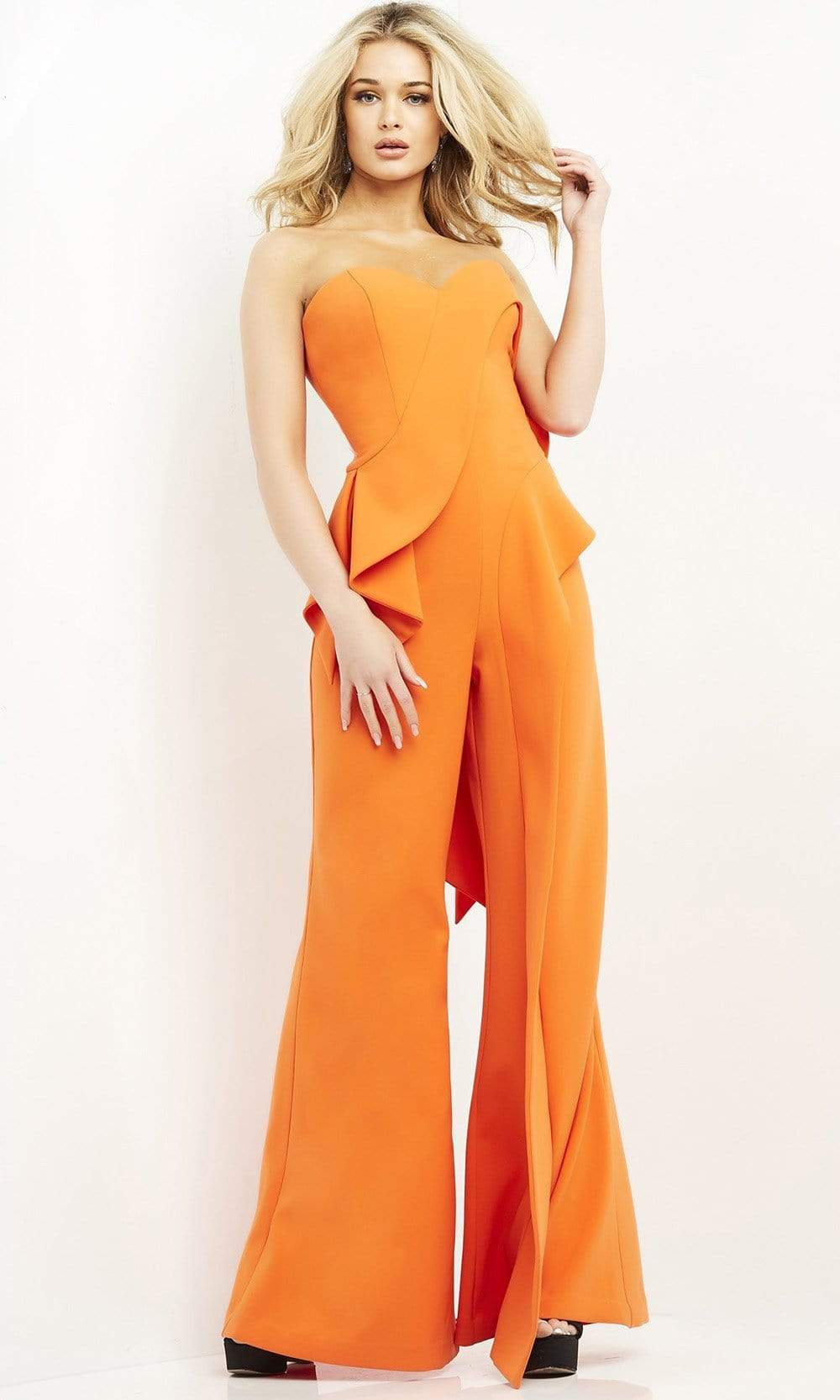 04427 Strapless Sweetheart Ruffle Wide Leg Jumpsuit