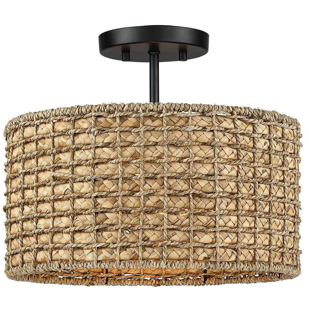 True Fine 13.6 in. 2-Light Natural Rattan Semi-Flush Mount Ceiling Light with Black Canopy