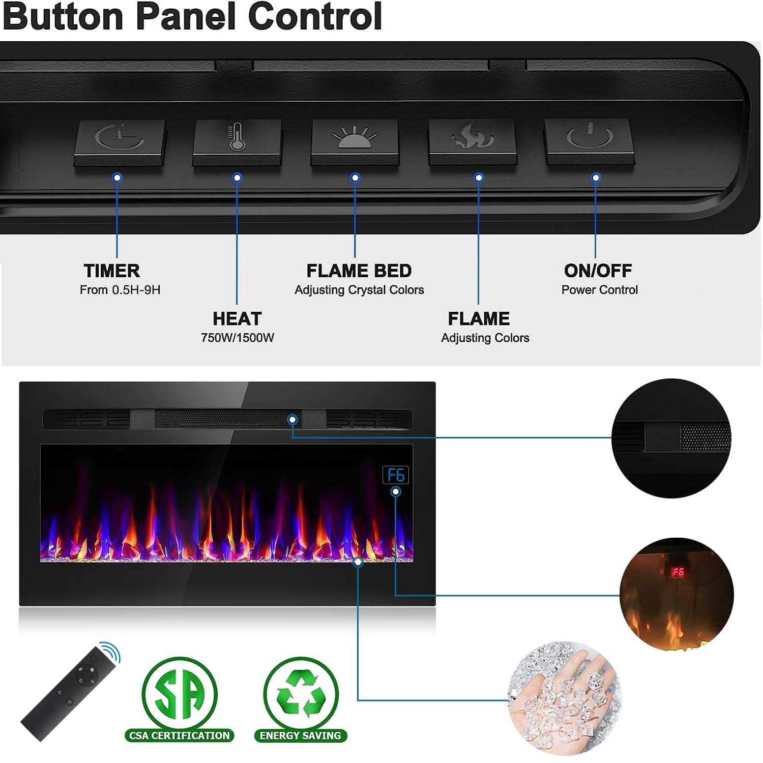 31 Inch Electric Fireplace Recessed and Wall Mounted, Fireplace Heater and Linear Fireplace