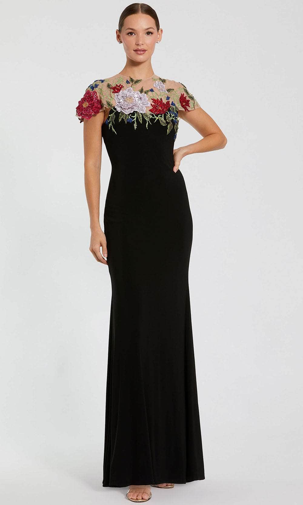Illusion Cap Sleeve Embellished Evening Dress
