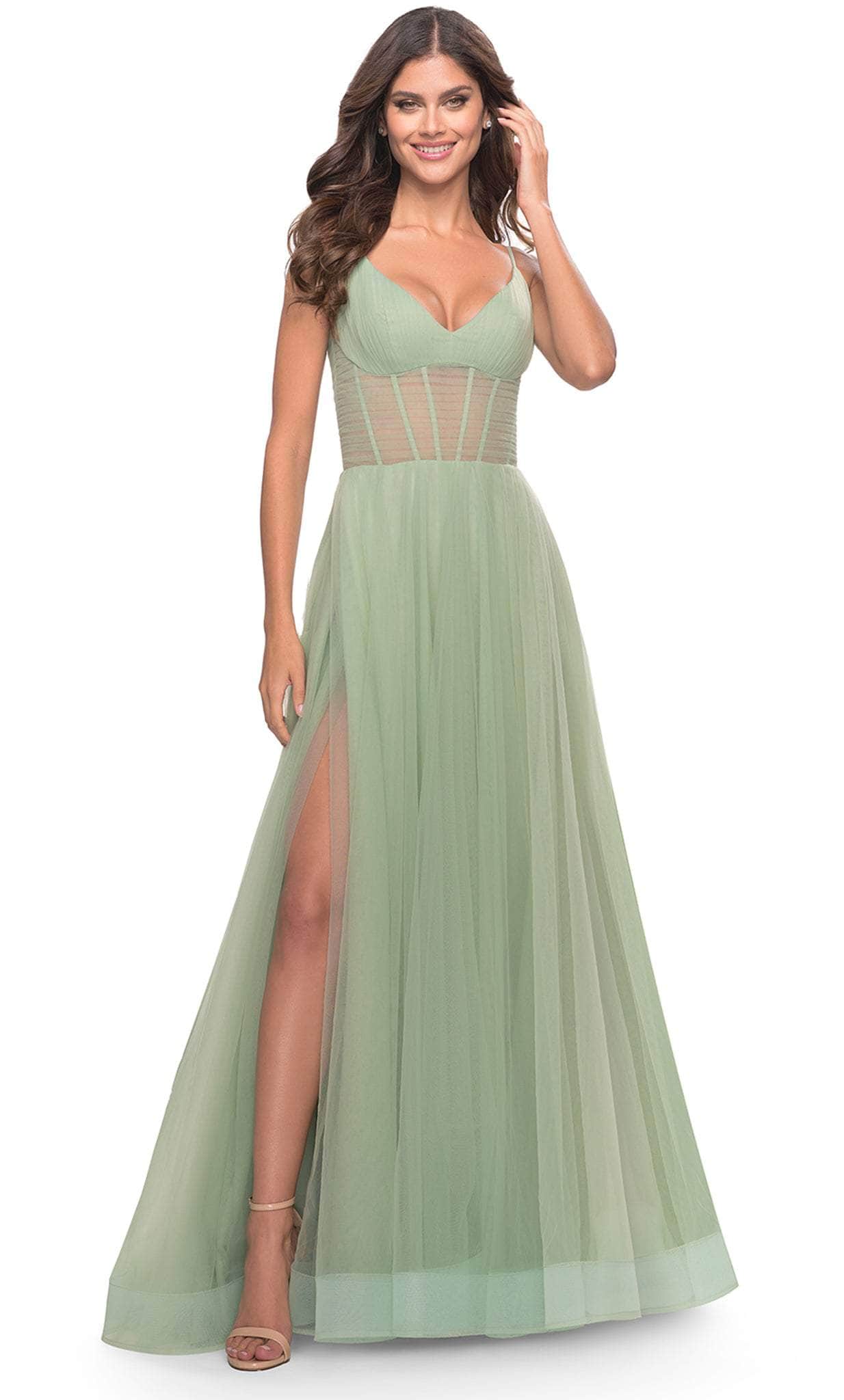 V-Neck Sheer Corset Evening Dress