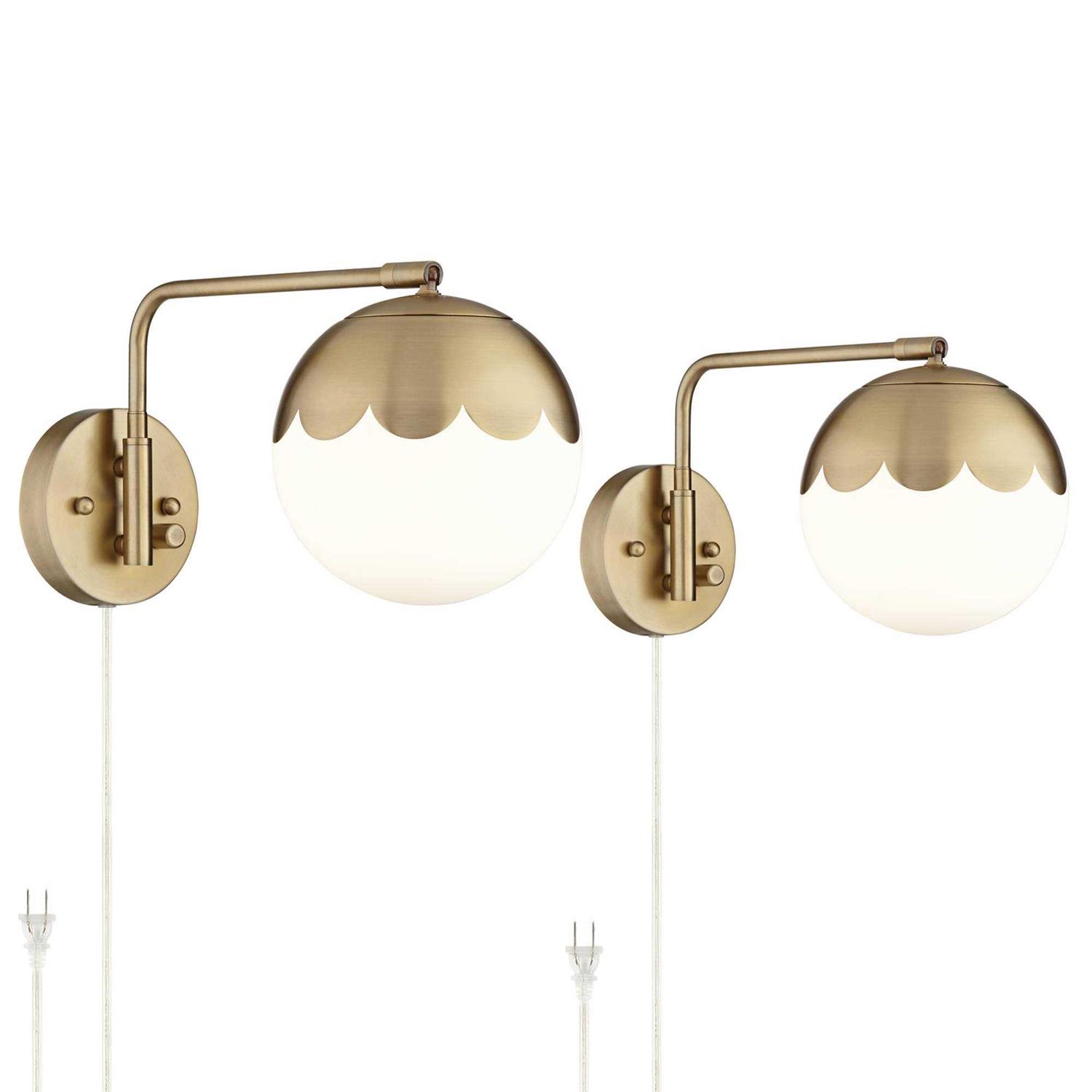 360 Lighting Kelowna Modern Swing Arm Wall Brass Plug-in Light Fixture Globe Glass Shade for Bedroom Bedside Living Room Reading